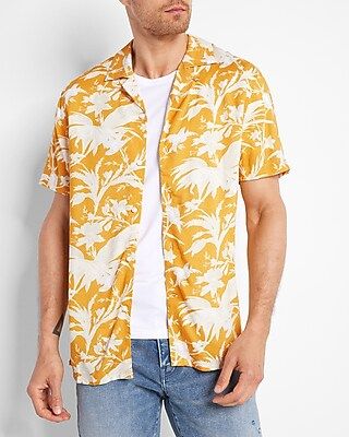 Yellow Printed Rayon Short Sleeve Shirt | Express