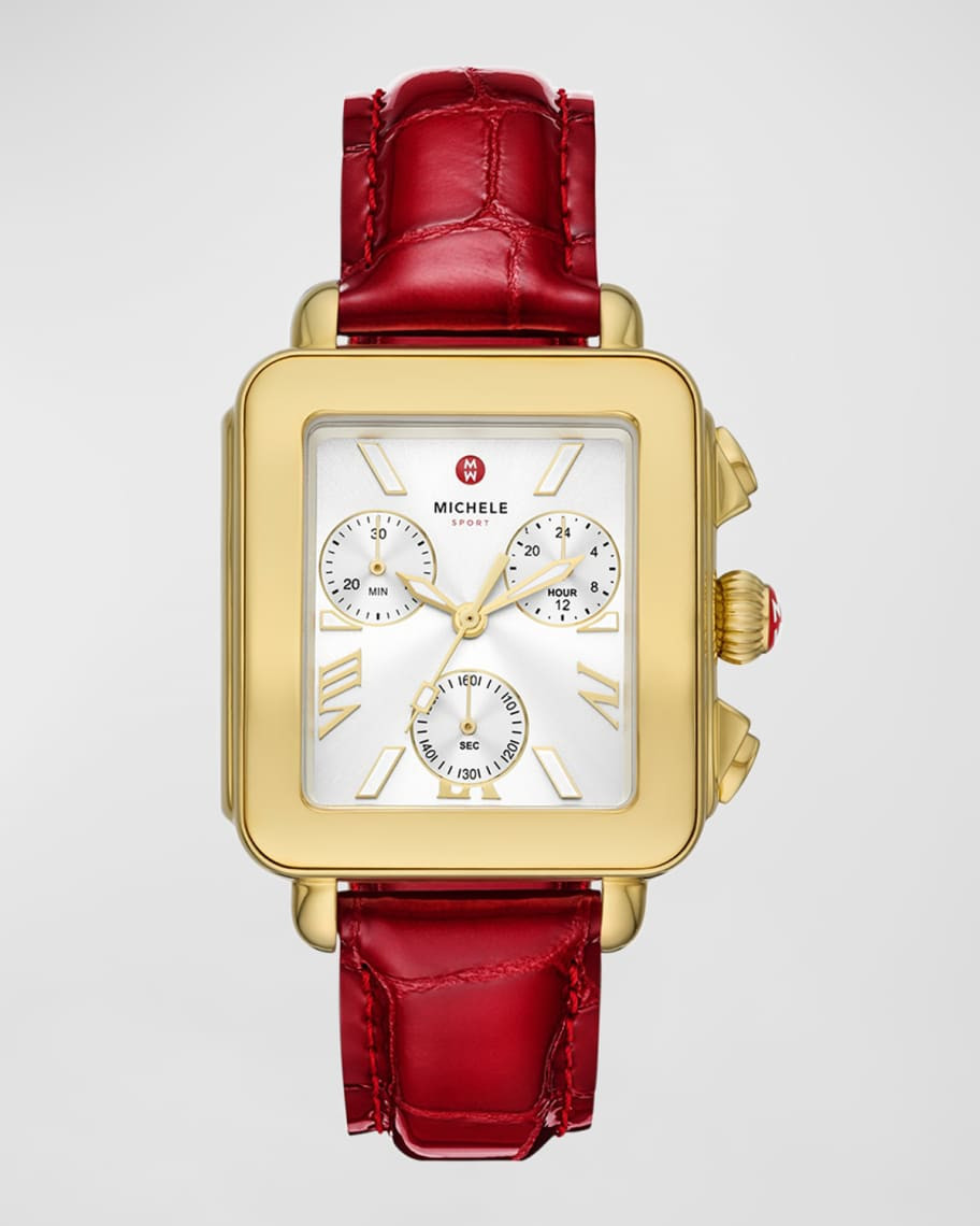 Deco Sport 18K Gold-Plated Ruby Red Leather Watch | Neiman Marcus