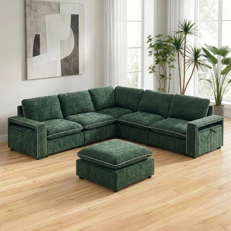 102.36'' W 6-Piece Green Chenille Modular Sectional With Storage Arm | Wayfair North America
