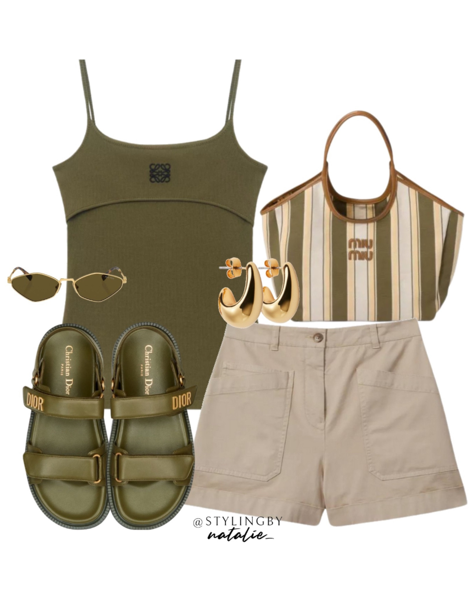 Loewe tank top, Miu Miu stripe tote bag, shorts, Dior sandals, chunky gold earrings & Miu Miu sunglasses. 

#LTKstyletip #LTKluxury #LTKeurope