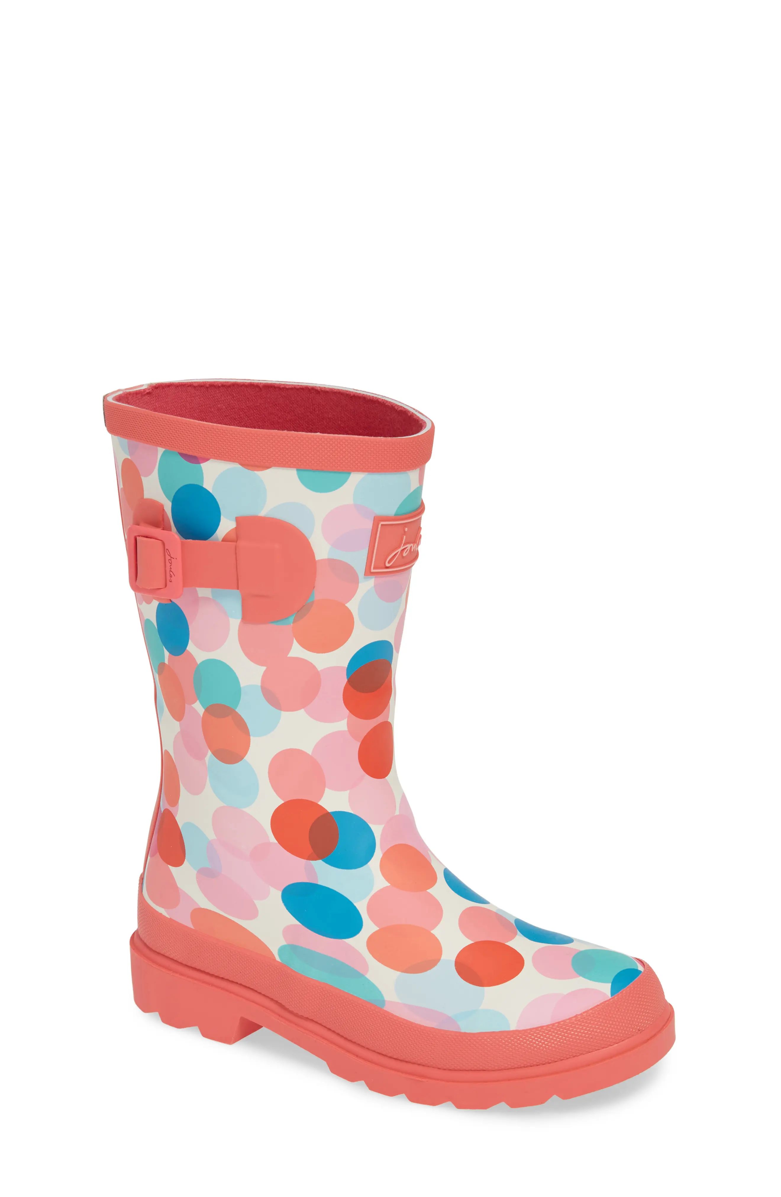 Girl's Joules Mid Height Print Welly Waterproof Rain Boot, Size 4 M - Coral | Nordstrom