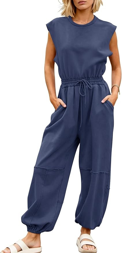 Amazon.com: Kissonic Jumpsuits for Women Casual Crewneck Cap Sleeve Drawstring Romper One Piece O... | Amazon (US)