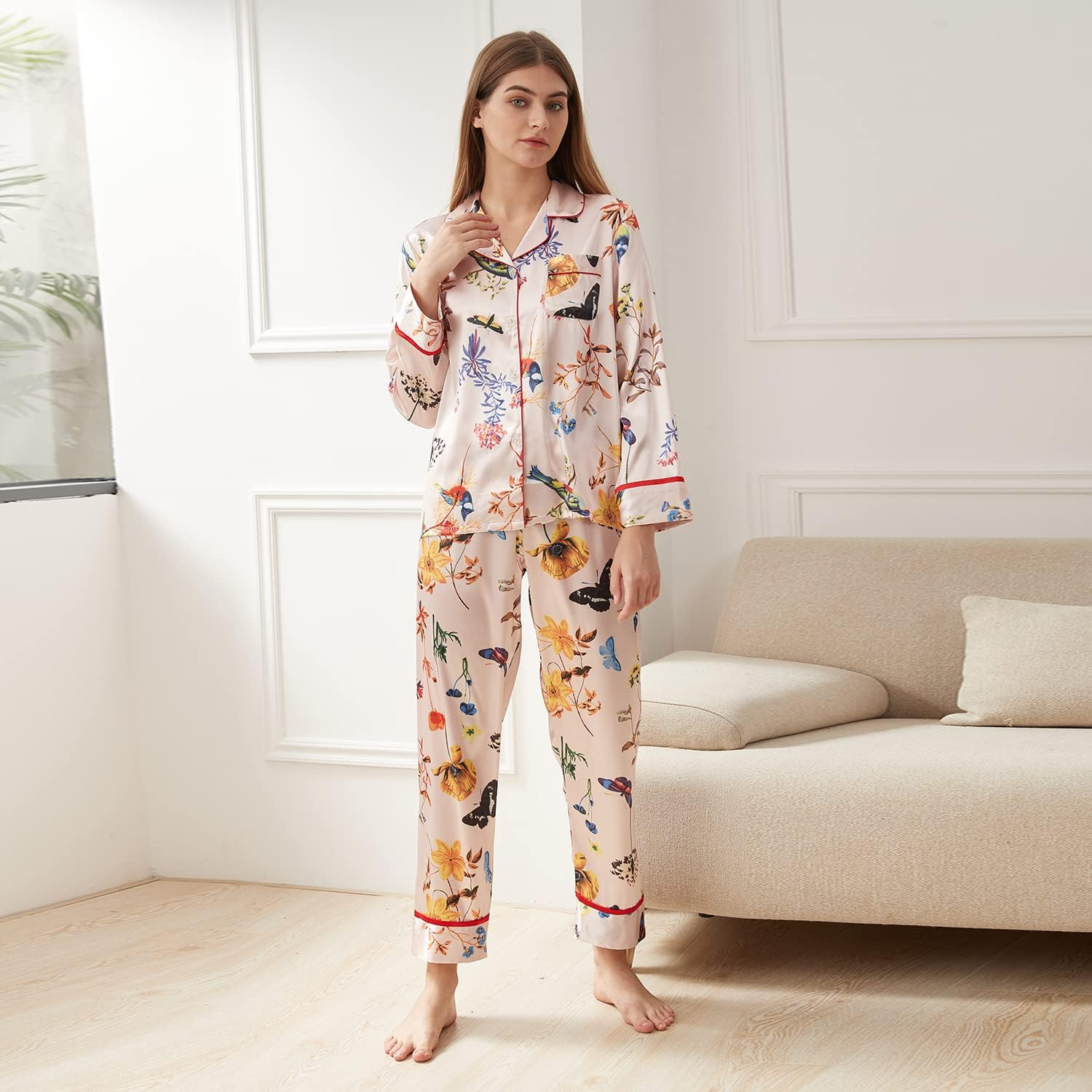 Belle Heure Women’s Silk Satin Classic Long Sleeve Pajamas Button Down Silky Floral Animals Pat... | Amazon (US)