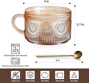 Vintage Glass Coffee Mugs Set of 2 Amber, Embossed Tea Cups with Bamboo Lids and Spoons, 14 Oz Gl... | Amazon (US)