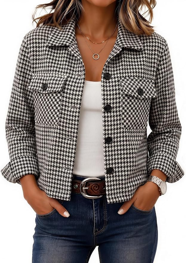 Zeagoo Flannels for Women Cropped Shacket Jacket Fashion Plaid Fall Coat | Amazon (US)