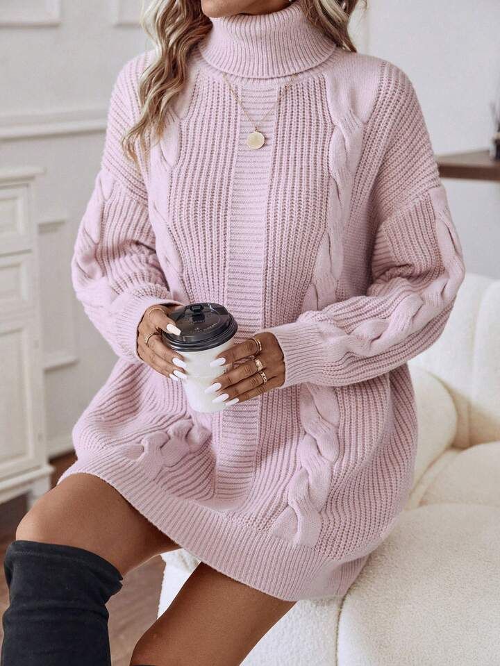 SHEIN LUNE Turtleneck Cable Knit Drop Shoulder Sweater Dress | SHEIN