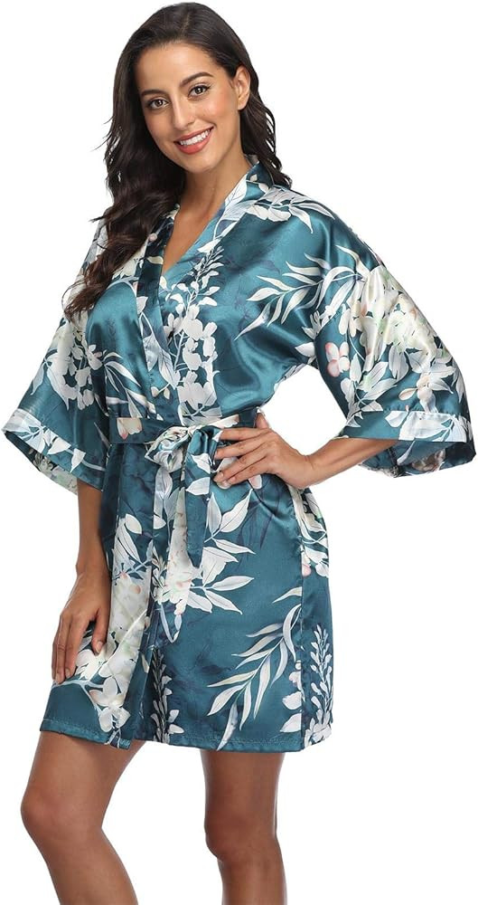season dressing Women Floral Robes Bridesmaids Short Satin Kimono Sleepwear for Wedding Party | Amazon (US)
