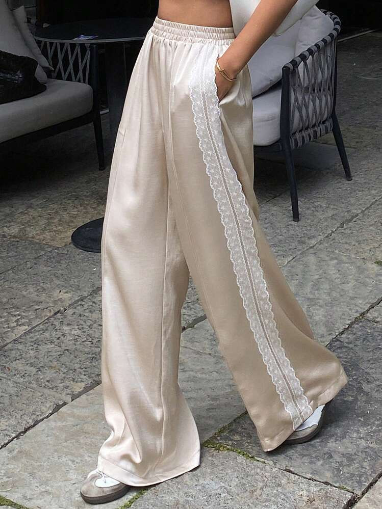 Contrast lace wide leg pants  | SHEIN