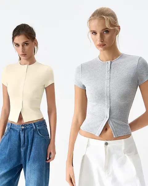 QINSEN Women's Crewneck Short Sleeve T Shirts Ribbed Button Going Out Trendy Tops