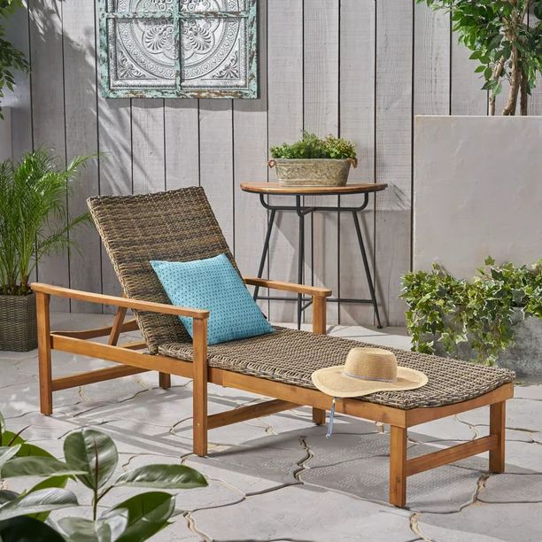 Camdyn Outdoor Rustic Acacia Wood Chaise Lounge with Wicker Seating, Natural and Mixed Mocha - Wa... | Walmart (US)