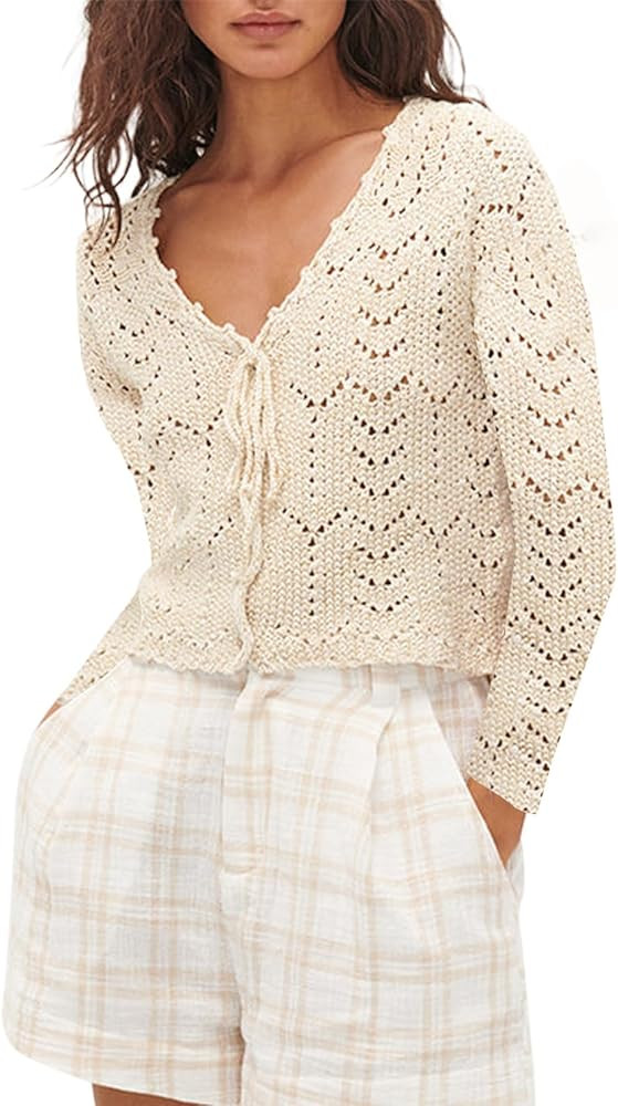 Crochet Tops for Women Knitted Summer Vest Hollow Out Button Down Shirts Short Sleeve Crop Tops F... | Amazon (US)