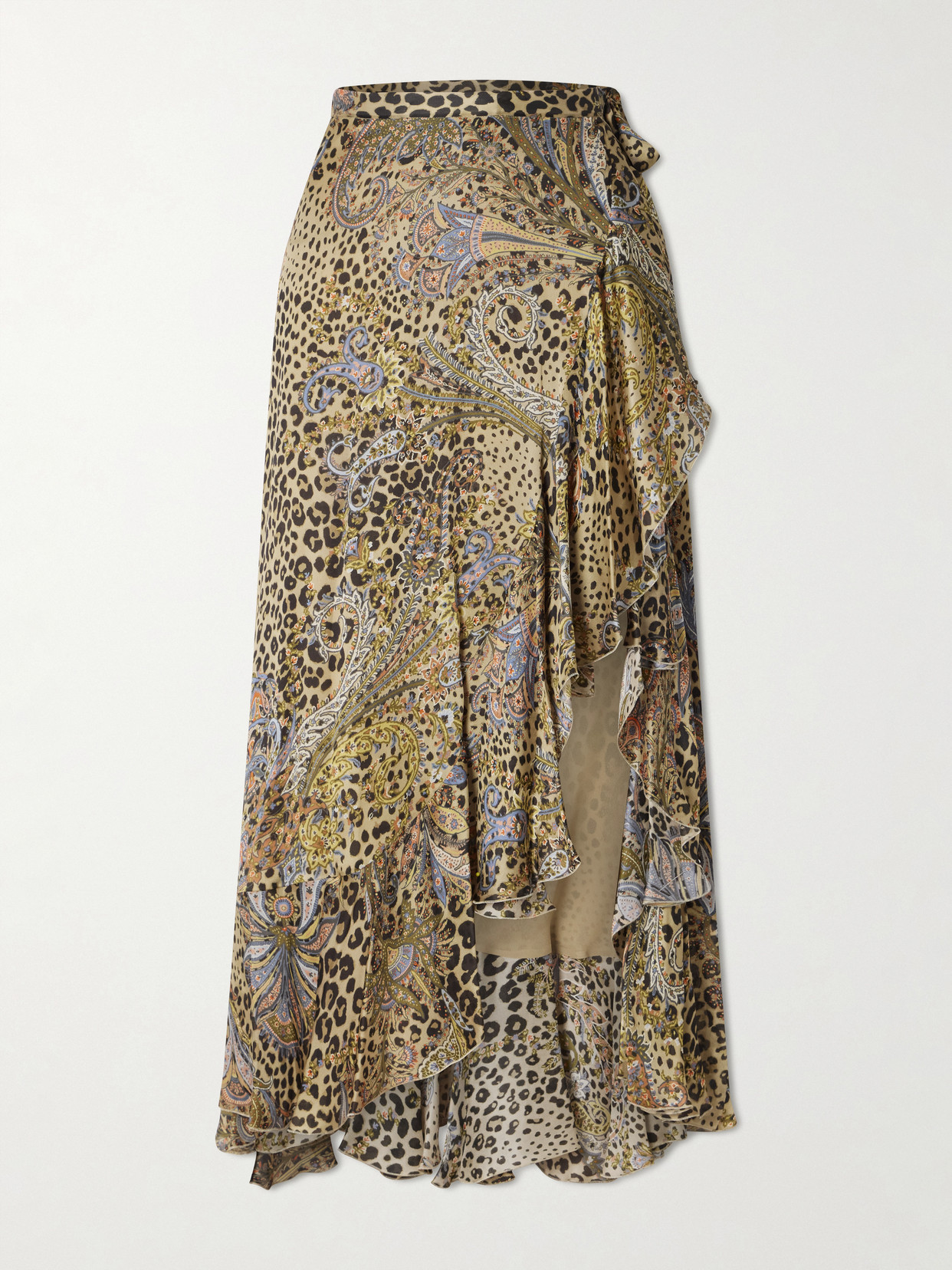 Etro - Ruffled Leopard And Paisley-print Silk-satin Midi Wrap Skirt - Animal print | NET-A-PORTER (US)
