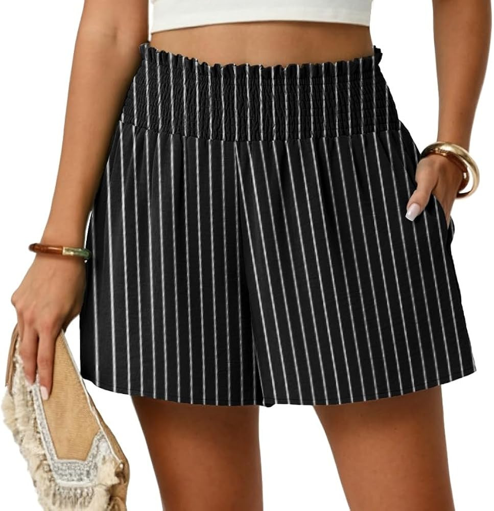 Lepunuo Womens High Waisted Wide Leg Smocked Shorts with Pockets | Amazon (US)