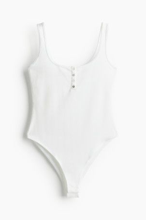 Ribbed Button-front Bodysuit - Low-cut Neckline - Sleeveless - Black - Ladies | H&M US | H&M (US + CA)