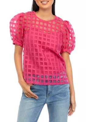 ENGLISH FACTORY Women's Plaid Sheer Puff Sleeve Top | Belk