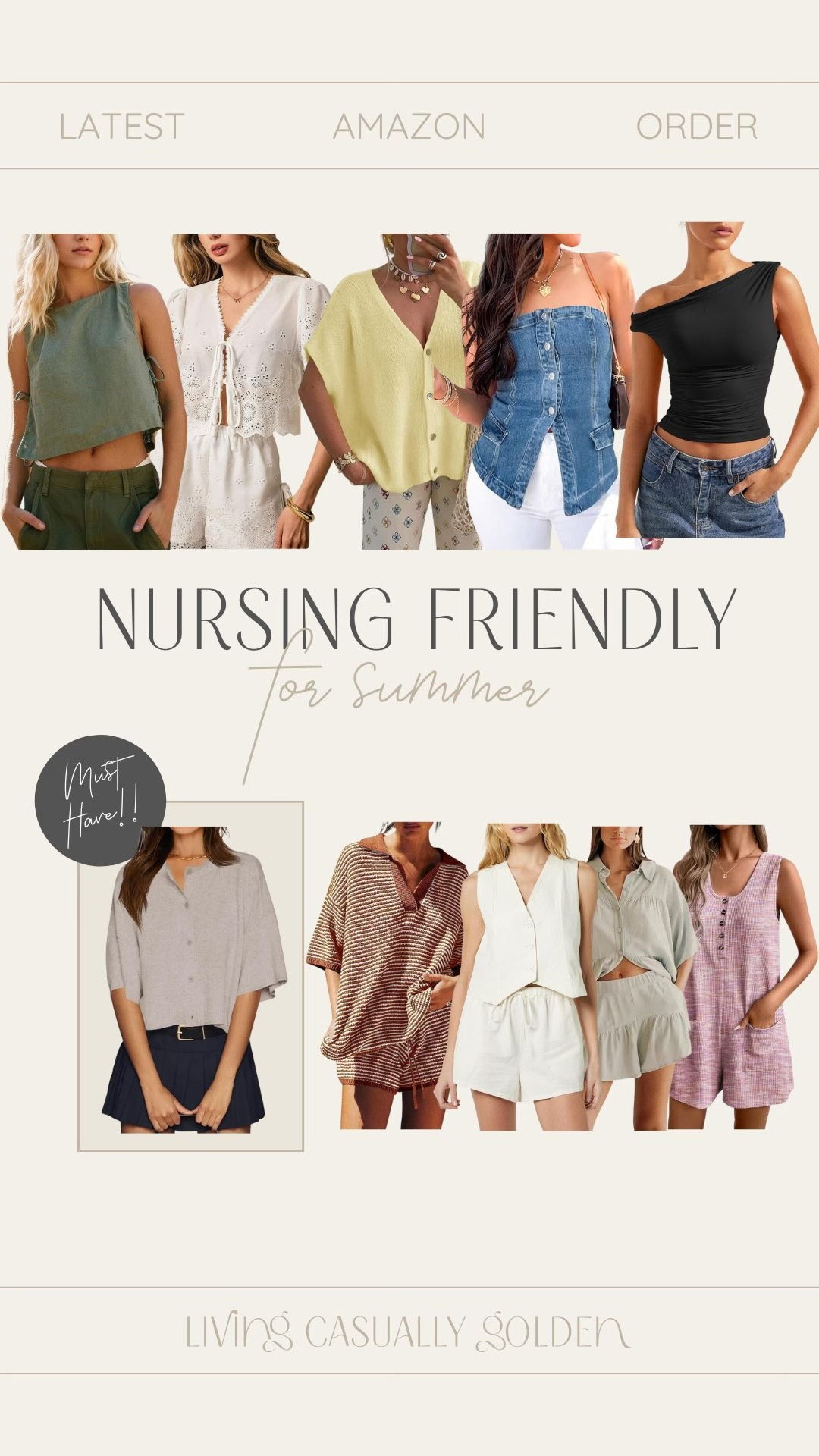 A few of my recent orders all nursing friendly!! I ordered a size S in the green top, white lace top, black off the shoulder top, short sleeve cardigan, brown set, blue set, and size M in the yellow (should have done S), denim vest, white vest, and pink romper.  

 #LTKSeasonal #LTKFindsUnder50 #LTKStyleTip