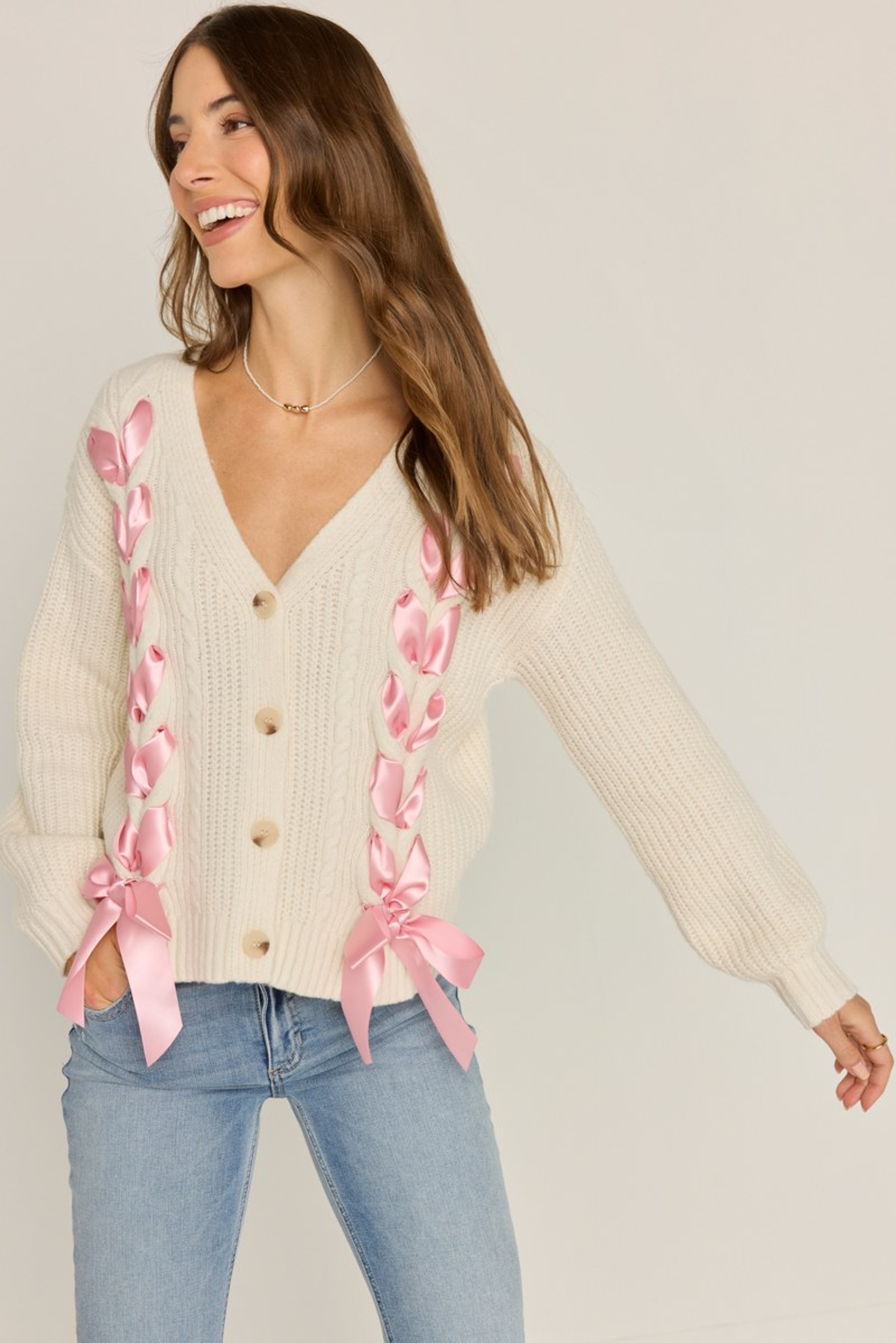 Jeannine Ribbon Front Button Up Cardigan | Francesca's