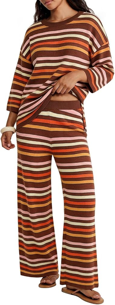 Tankaneo Womens Striped 2 Piece Sets Oversized Sweater and Wide Leg Pants | Amazon (US)