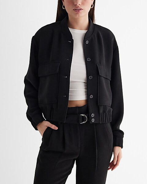 Luxe Comfort Patch Pocket Cropped Bomber Jacket | Express