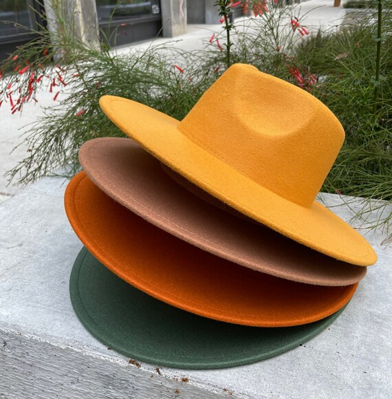 New Fall Colors Premium Quality! Best Seller! Vegan felt fedora hat with wide, stiff, flat brim. ... | Etsy (US)