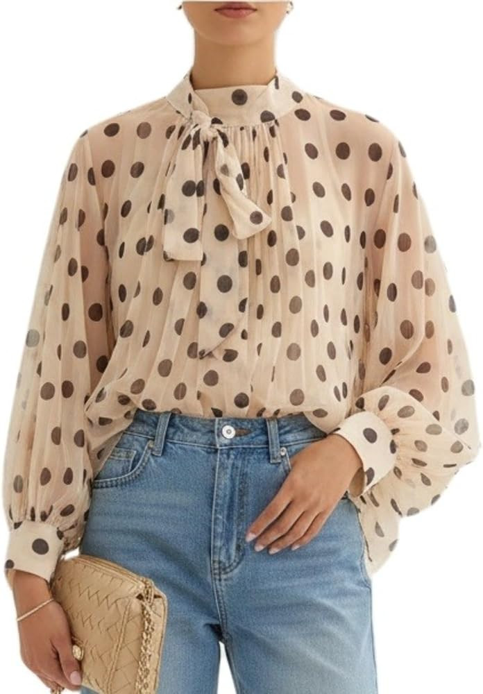 CUTEGAL Polka Dot Ruffled Blouse Balloon Sleeves Tie Neck Mesh Dressy Casual Blouse Feminine Chic... | Amazon (US)