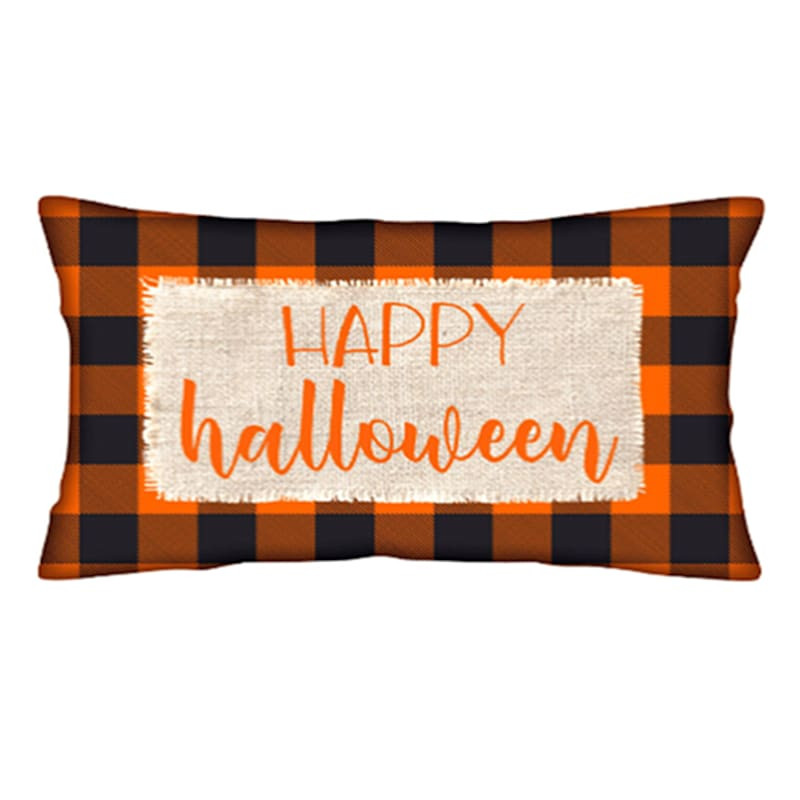 Homespun Halloween Orange Plaid Happy Halloween Throw Pillow, 12x20 | At Home