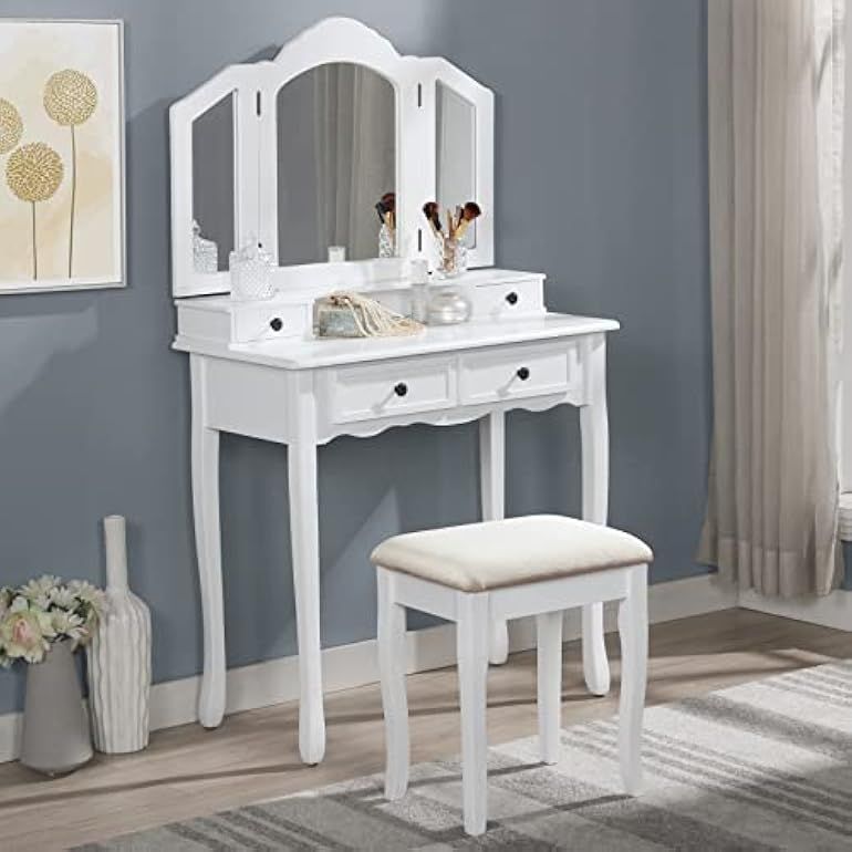 Roundhill Furniture Sanlo Wooden Vanity | Make Up Table and Stool Set | White | Amazon (US)