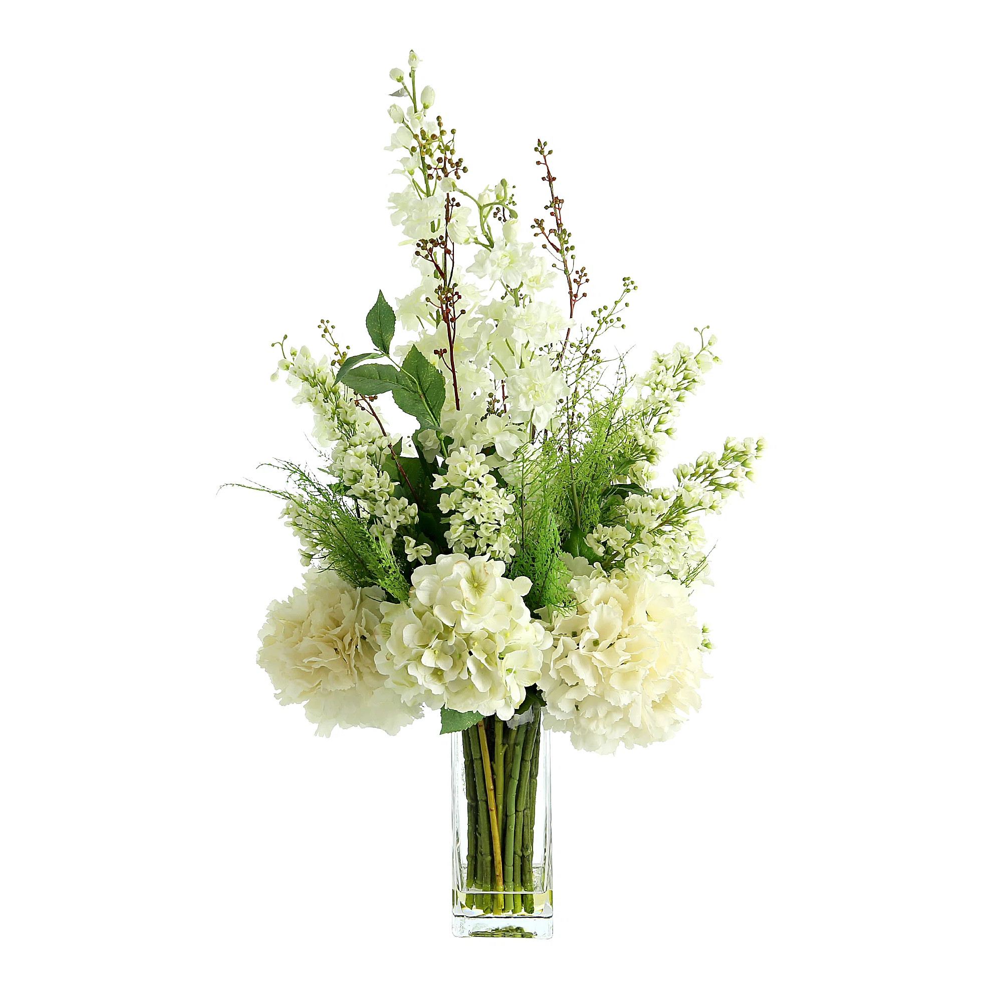 Creative Displays, Inc. Delphinium, Hydrangea and Fern Floral Arrangement in Tall Glass Vase & Re... | Wayfair North America