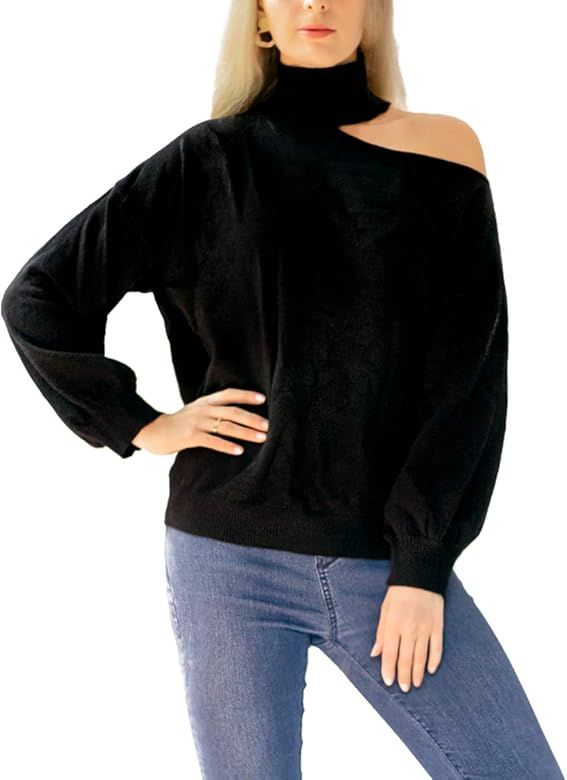 Women's Pullover Sweater Long Sleeve Turtleneck Cutout Shoulder Design Casual Slim Top | Amazon (US)