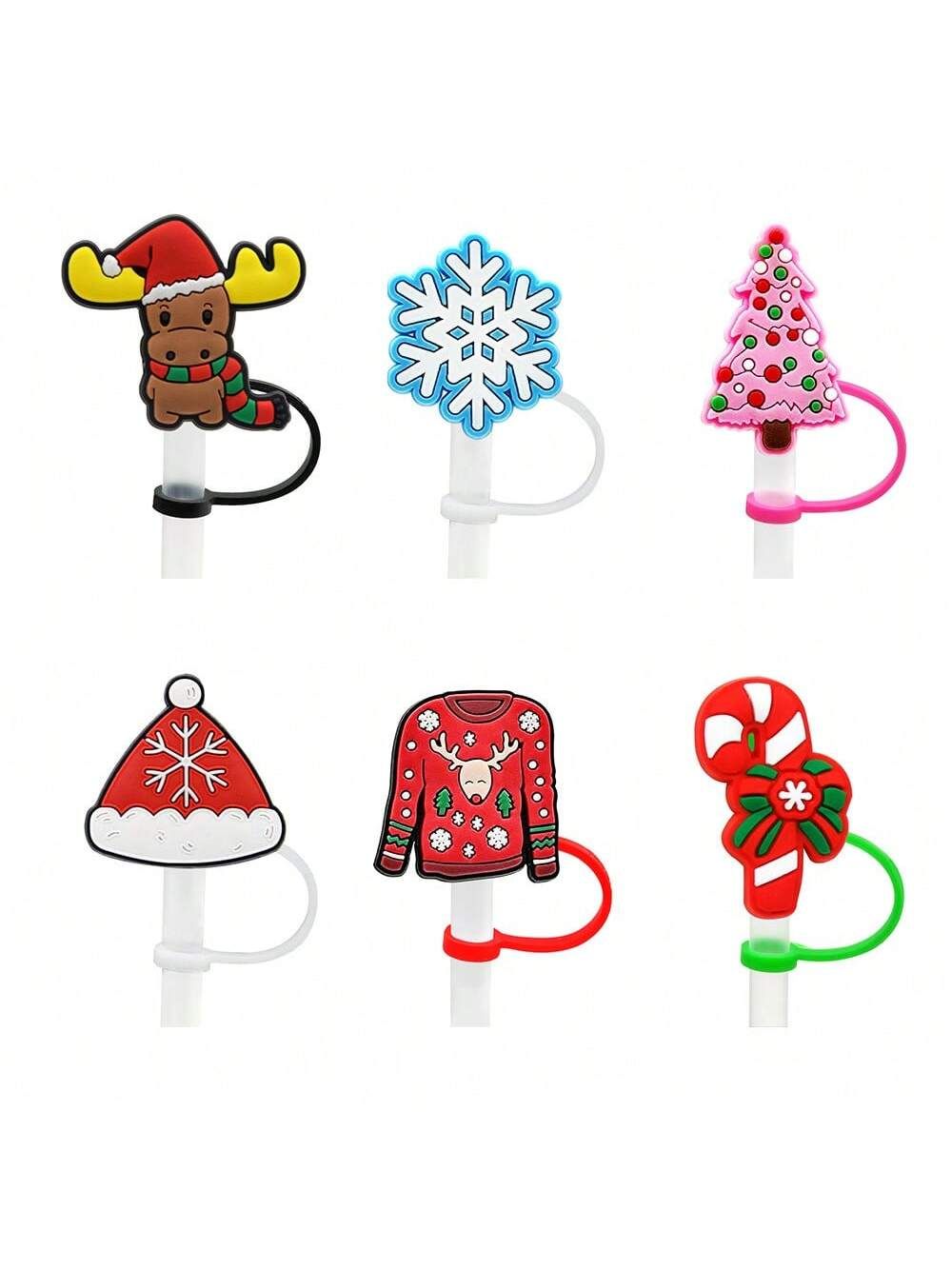 6pcs Christmas Santa Claus & Snowman Straw Hat Cover, Silicone Straw Plug For 6-8mm Straws, Party... | SHEIN