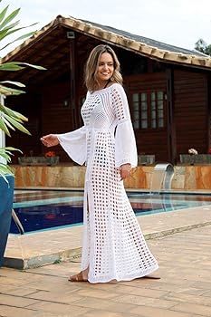 NFASHIONSO Womens Crochet Beach Wear Cover up Swimwear Bikini Long Maxi Beach Dress | Amazon (US)