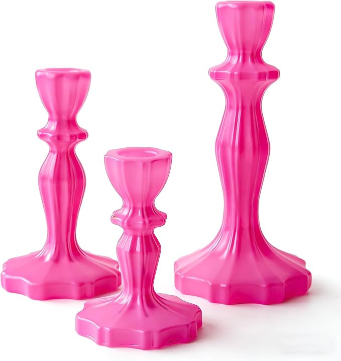 Hot Pink Glass Candlestick Holders Set 3 Taper Candle Holder Centerpiece | Set 3 Magenta glass ca... | Amazon (US)