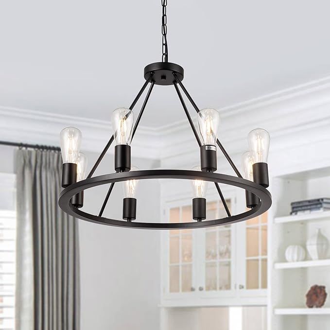 Brfaixla Wagon Wheel Chandelier 8-Light Farmhouse Round Chandelier 23.6'' Rustic Black Metal Pend... | Amazon (US)