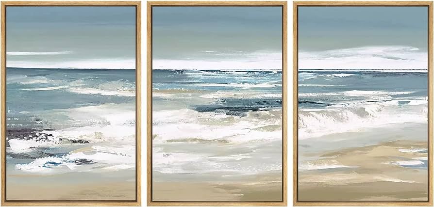 SIGNWIN Framed Canvas Print Wall Art Set Teal Sky Ocean Wave Beach Shore Nature Wilderness Illust... | Amazon (US)