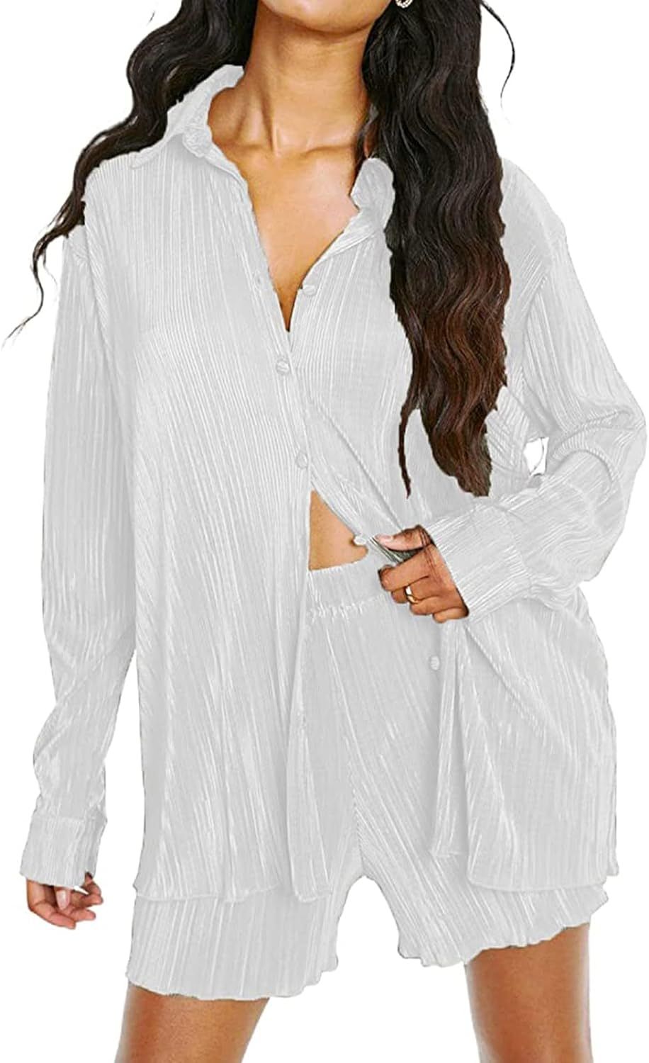 ABYOVRT Pleated 2 Piece Outfits for Women Long Sleeve Oversized Button Down Shirt Wide Leg Pants ... | Amazon (US)