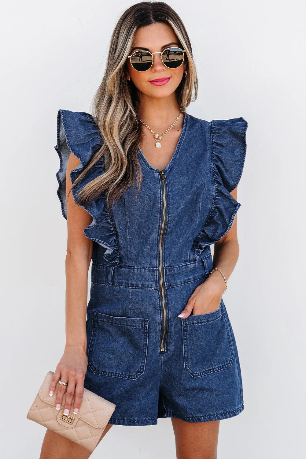 Amora Denim Ruffled Zipped Front Belted Romper Sail Blue / M - 8/10 / 82%Cotton+10%Polyester+8%Viscose | Casual Chic Boutique
