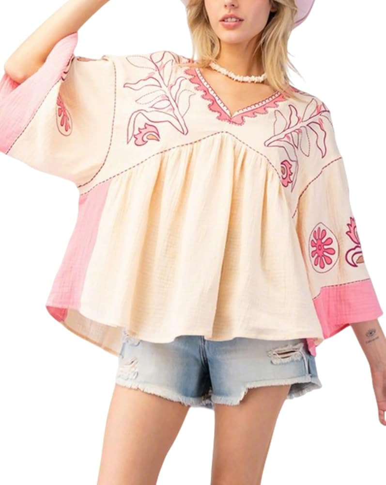 Womens Floral Printed Blouse V-Neck 3/4 Sleeves Loose Fit Vintage Babydoll Tops | Amazon (US)