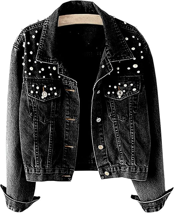 Ainangua Women's Casual Embroidered Pearls Beading Denim Jacket Loose Washed Jean Coat | Amazon (US)