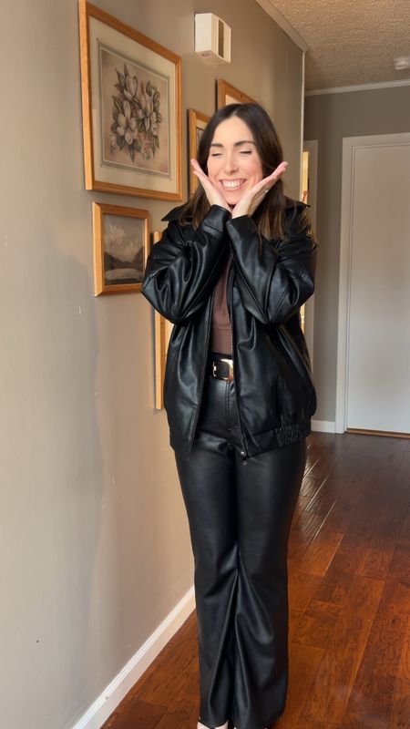 Faux leather flare pants, faux leather jacket outfit - Date night outfit 🖤

#LTKVideo #LTKfindsunder50 #LTKSpringSale