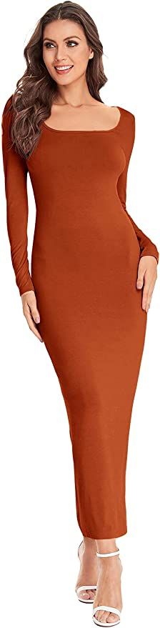Verdusa Women's Long Sleeve Square Neck Bodycon Maxi Long Dress | Amazon (US)