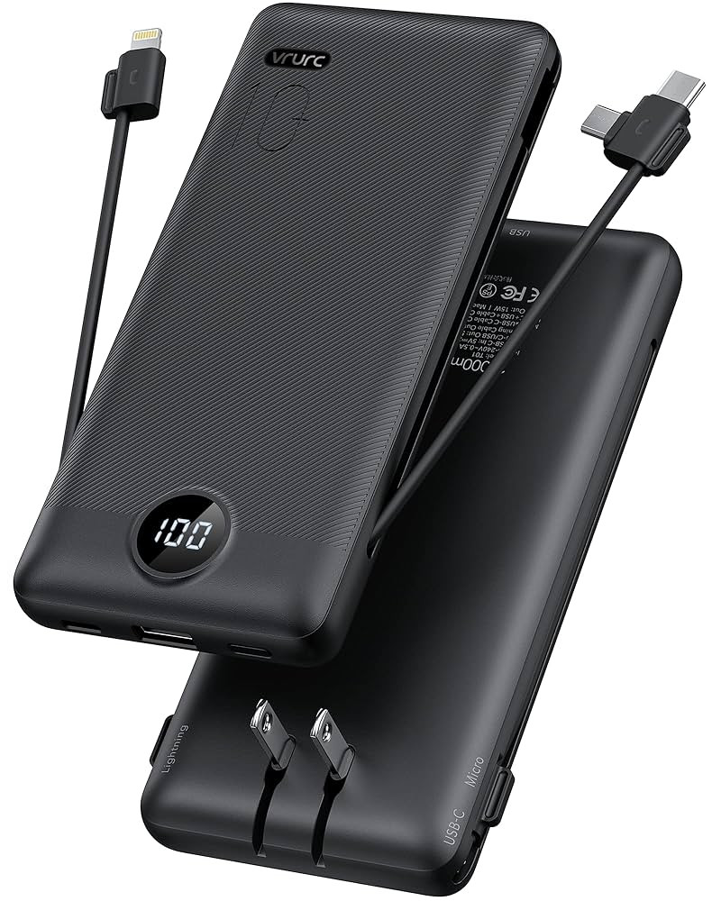 VRURC Portable Charger Built-in Cables and AC Wall Plug, USB C Power Bank 10000mAh, Travel Essent... | Amazon (US)