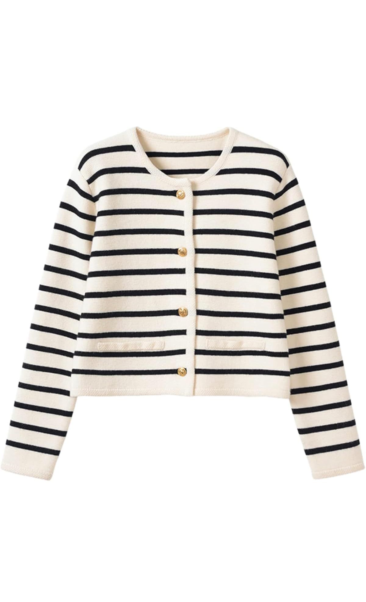 2023 Women's Long Sleeve Striped Sweater Button Cardigan Knitted Open Coat Outwear with Pockets | Amazon (US)