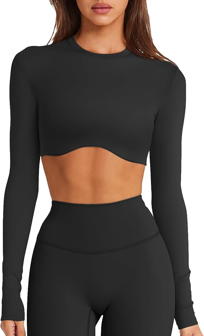 Double Lined Long Sleeve Crop Tops for Women Sexy High Neck Workout Tops Athletic Gym Shirts Runn... | Amazon (US)