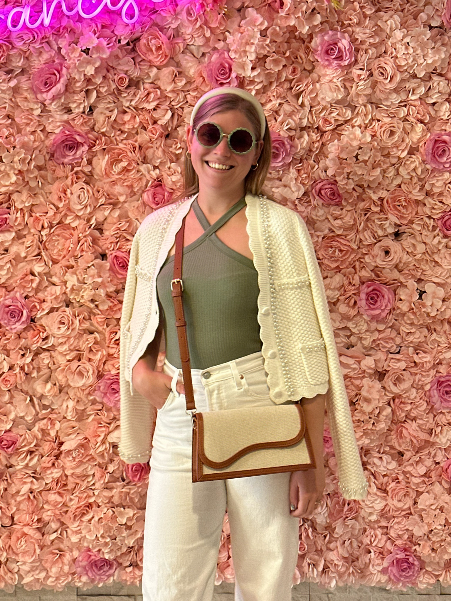 Casual spring/summer outfit for San Francisco. Green ribbed halter top and white Levi’s jeans  