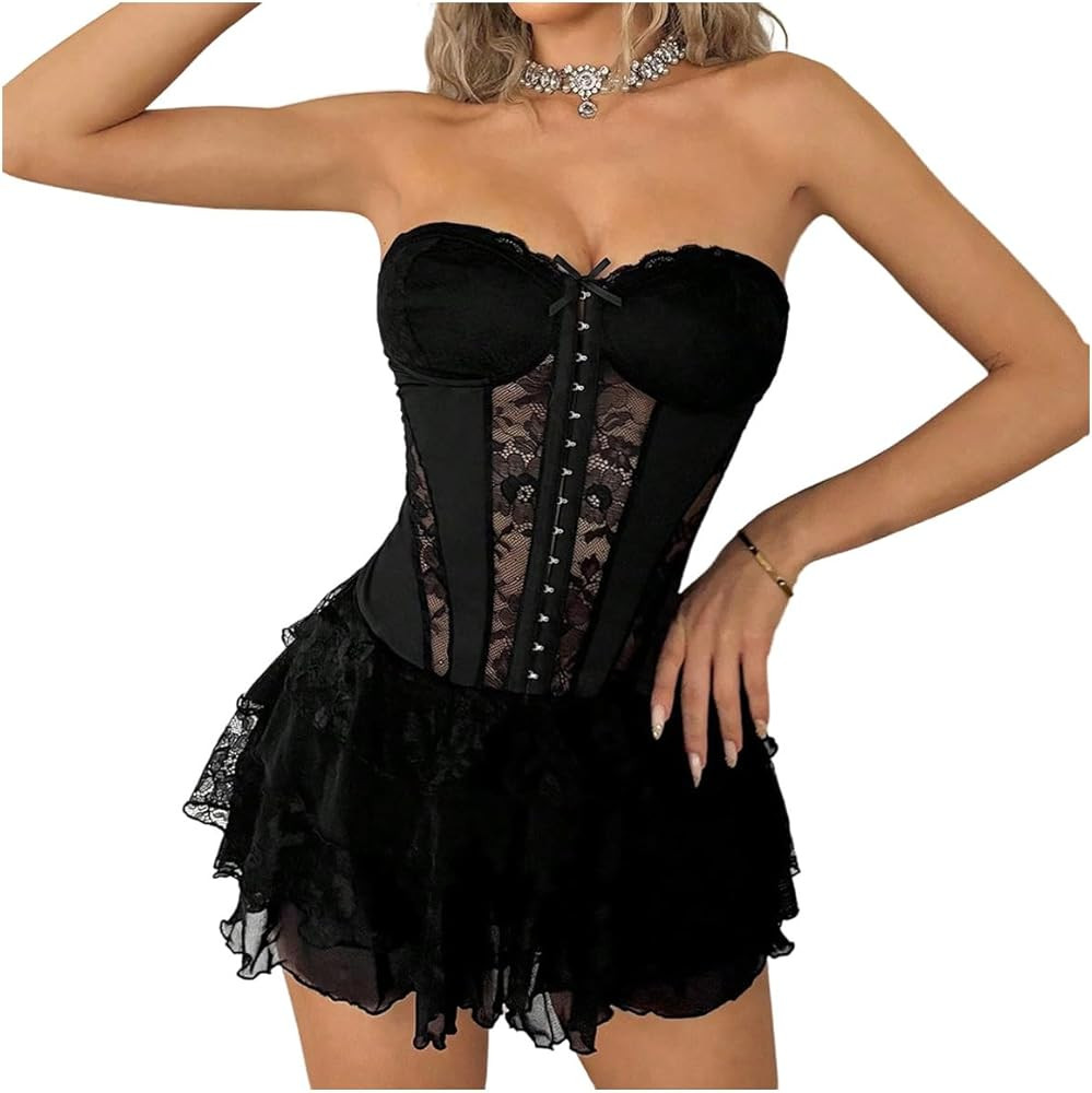 MakeMeChic Women's Lace Mini Dress Tube Corset Ruffle Tiered NYE Party Cocktail Night Out Dresses | Amazon (US)