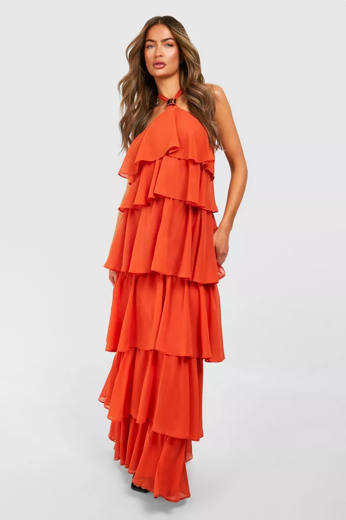 Chiffon Trim Detail Tiered Maxi Dress | boohoo (US & Canada)