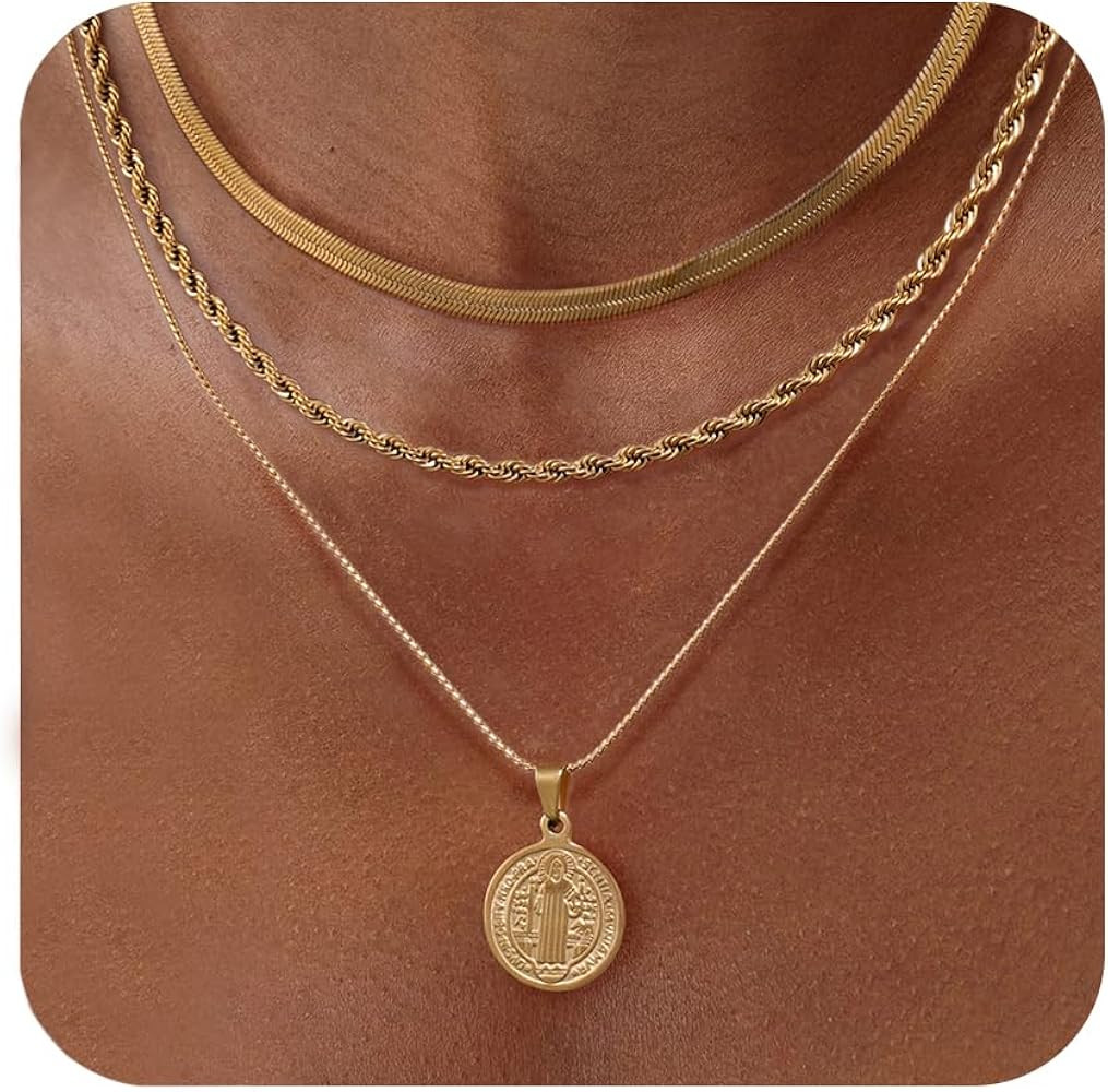 Layered Necklace for Women, Dainty 14K Gold Plated Snake Choker Necklaces Gold Herringbone Paperc... | Amazon (US)