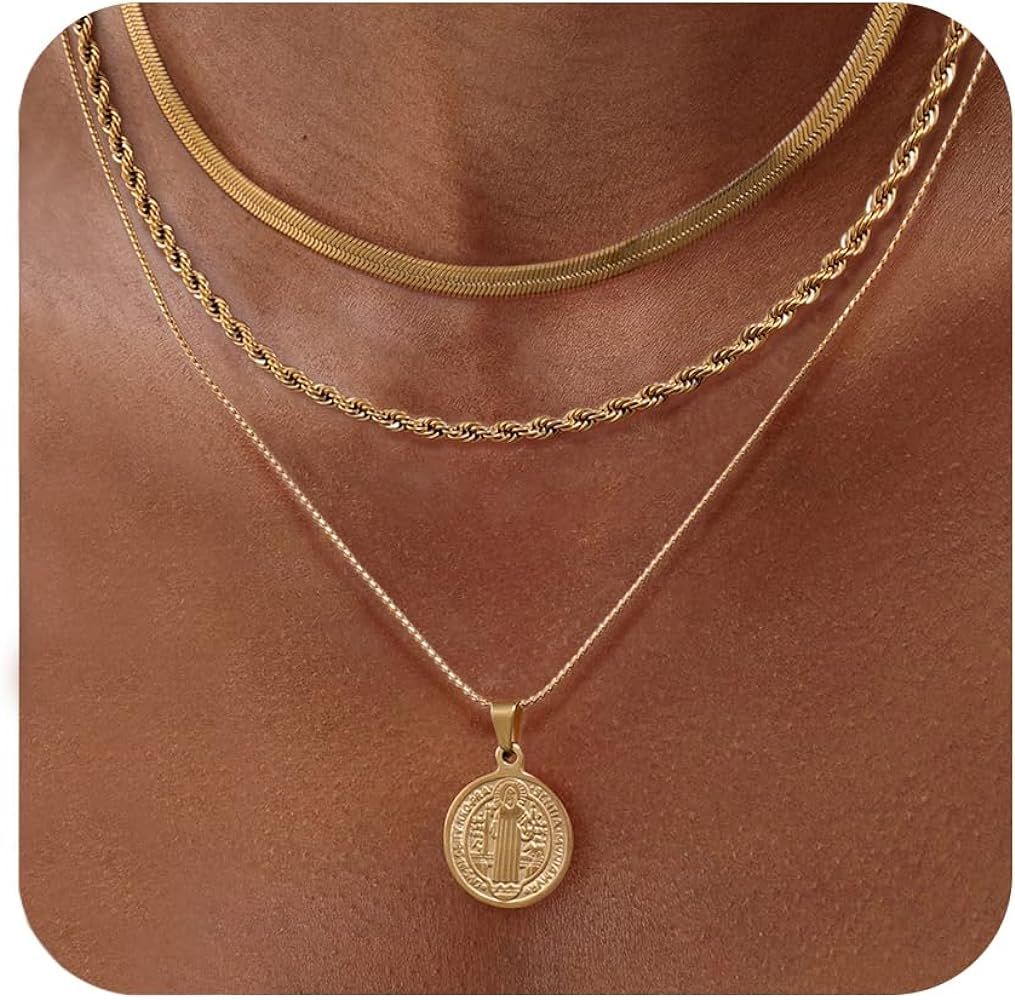 Layered Necklace for Women, Dainty 14K Gold Plated Snake Choker Necklaces Gold Herringbone Paperc... | Amazon (US)