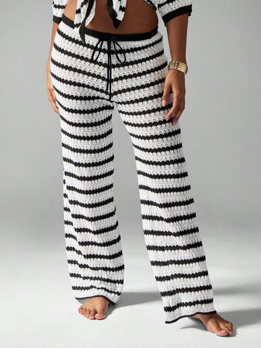 MISSGUIDED Cozy Crochet Knit Striped Wide Leg Lounge Pants Resort Wear Vacation Beach Cover Up Pa... | SHEIN