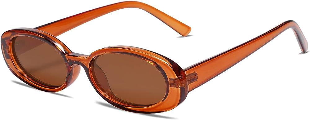 VANLINKER Polarized Small Trendy Skinny Retro Oval Sunglasses Women Tinted Glasses Brown Frame | Amazon (US)